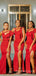 Red Satin Mermaid Side Slit Long Cheap Custom Unique Bridesmaid Dresses, MRB0233