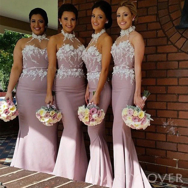 Morden Halter Mermaid Long Cheap Custom Appliques Bridesmaid Dresses, MRB0239