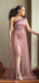 One Shoulder Satin Tulle Mermaid Long Cheap Custom Side Slit Bridesmaid Dresses, MRB0240