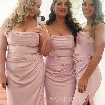 Elegant Cowl-neck Mermaid Long Cheap Custom Spaghetti Straps Satin Bridesmaid Dresses, MRB0241