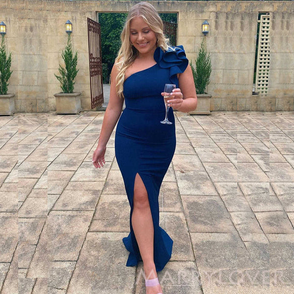 Moden One Shoulder Blue Mermaid Long Cheap Custom Bridesmaid Dresses, MRB0243