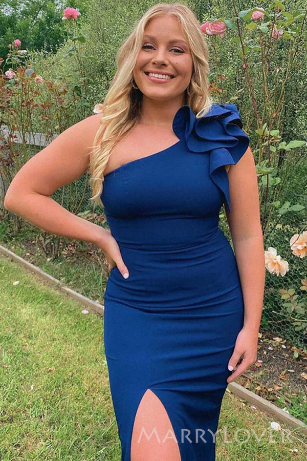 Moden One Shoulder Blue Mermaid Long Cheap Custom Bridesmaid Dresses, MRB0243