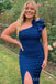 Moden One Shoulder Blue Mermaid Long Cheap Custom Bridesmaid Dresses, MRB0243