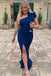 Moden One Shoulder Blue Mermaid Long Cheap Custom Bridesmaid Dresses, MRB0243