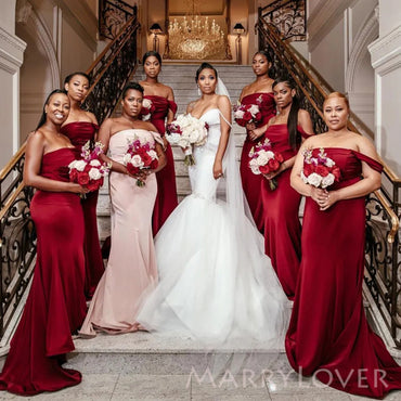 Dark Red Satin Mermaid Long Cheap Custom One Shoulder Bridesmaid Dresses, MRB0244