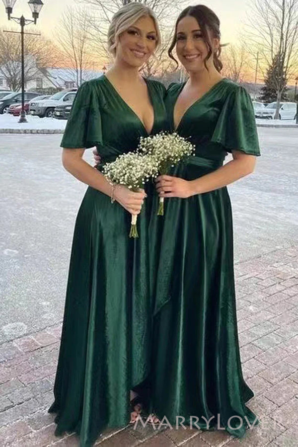 Popular V-neck Emerald Green Velvet Long Cheap Custom Bridesmaid Dresses, MRB0246