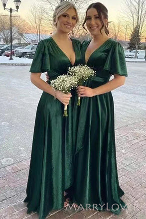 Popular V-neck Emerald Green Velvet Long Cheap Custom Bridesmaid Dresses, MRB0246