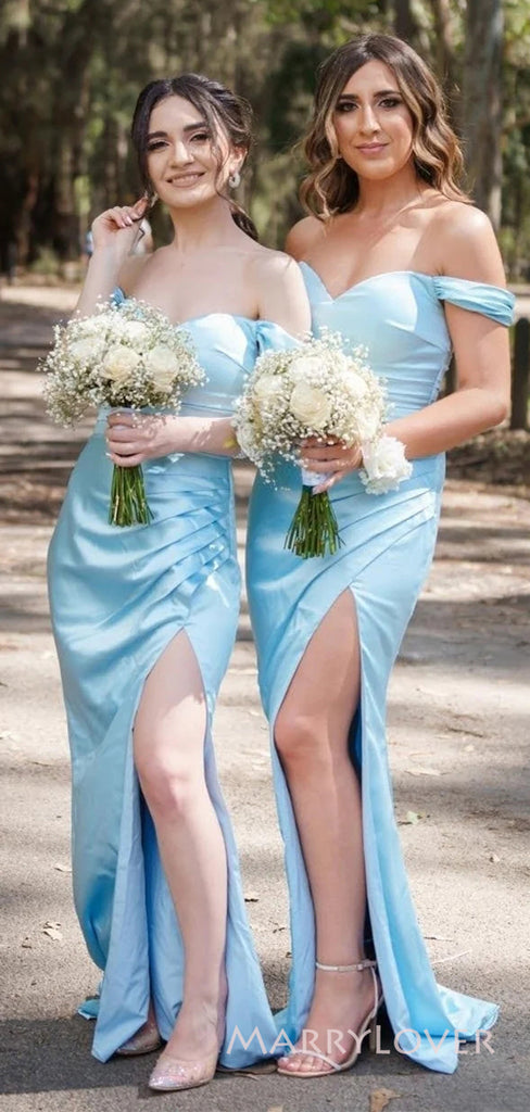 Popular Sky Blue Satin Mermaid Long Cheap Custom Off Shoulder Bridesmaid Dresses, MRB0247