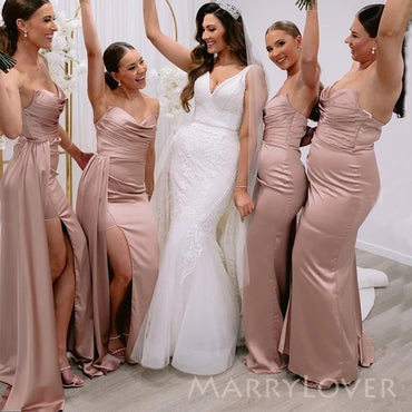 Rose Gold Satin Mermaid Strapless Long Cheap Custom Side Slit Bridesmaid Dresses, MRB0248