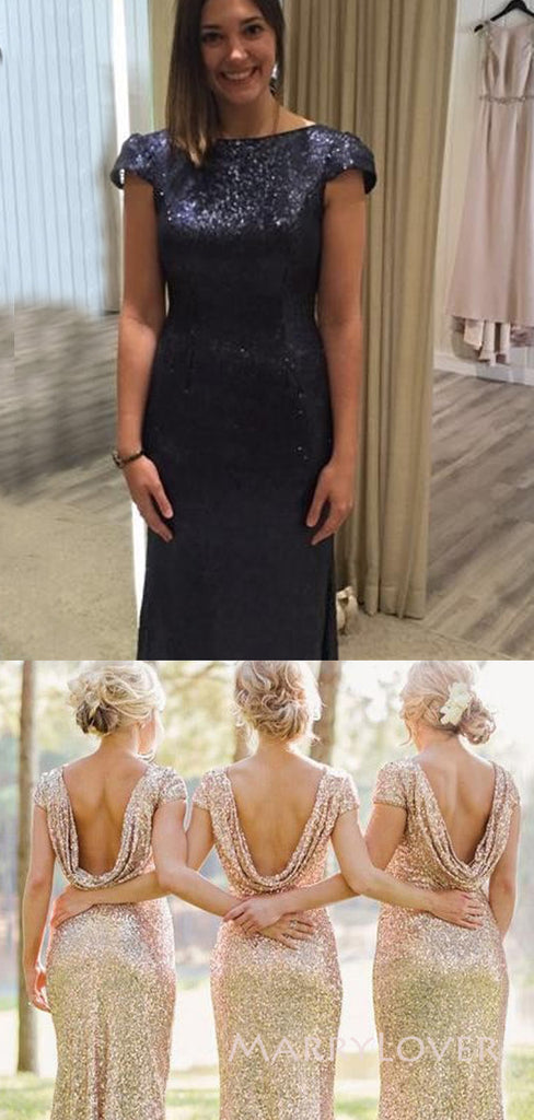 Navy Blue Sequins Mermaid Long Cheap Custom Bridesmaid Dresses, MRB0249