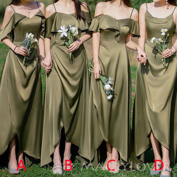 Mismatched Clover Satin Spaghetti Straps Long Cheap Custom Bridesmaid Dresses, MRB0250