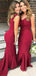 V-neck Dark Red Mermaid Long Cheap Custom V-back Bridesmaid Dresses, MRB0252