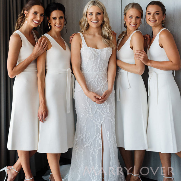 Simple White V-neck Long Cheap Custom Bridesmaid Dresses, Short Bridesmaid dress, MRB0254