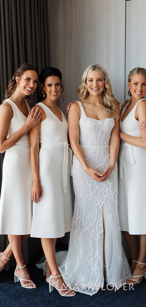 Simple White V-neck Long Cheap Custom Bridesmaid Dresses, Short Bridesmaid dress, MRB0254