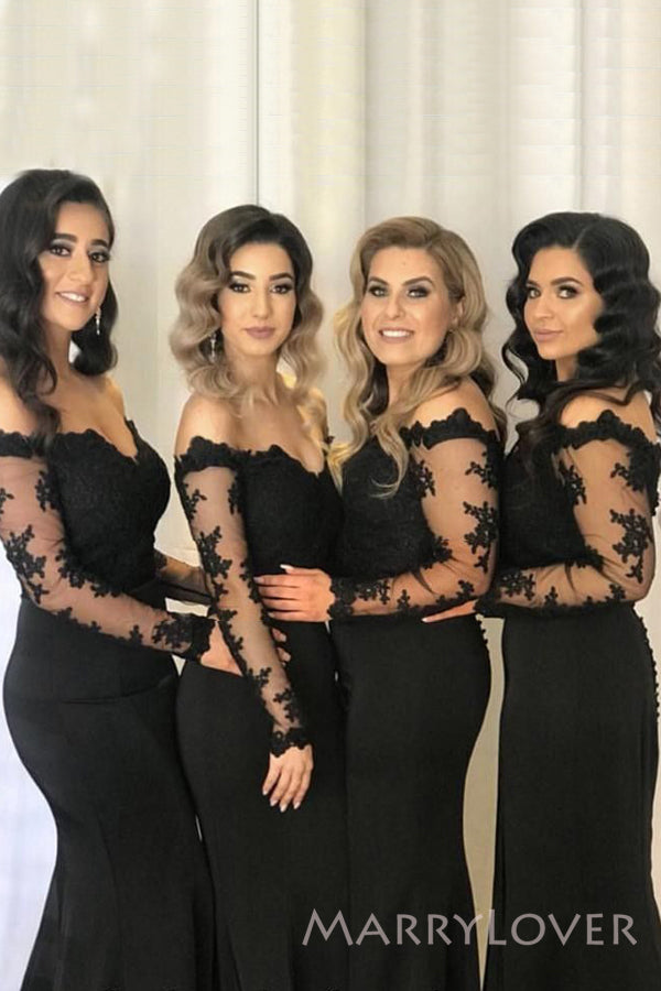 Off Shoulder Long Sleeves Black Mermaid Long Cheap Custom Bridesmaid Dresses, MRB0257