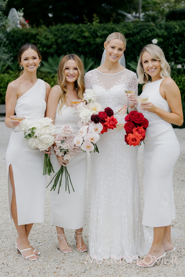 Mismatched White Satin Mermaid Long Cheap Custom Side Slit Bridesmaid Dresses, MRB0258