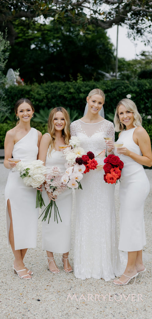 Mismatched White Satin Mermaid Long Cheap Custom Side Slit Bridesmaid Dresses, MRB0258