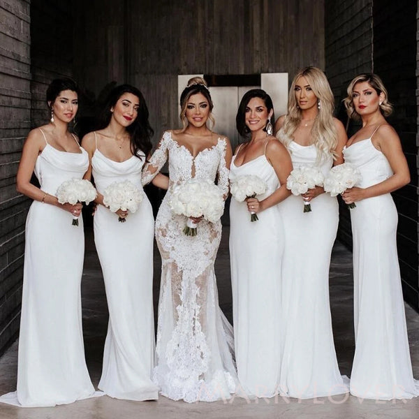 Spaghetti Straps Mermaid Cowl-neck White Long Custom Bridesmaid Dresses, MRB0262