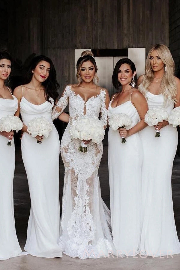 Spaghetti Straps Mermaid Cowl-neck White Long Custom Bridesmaid Dresses, MRB0262