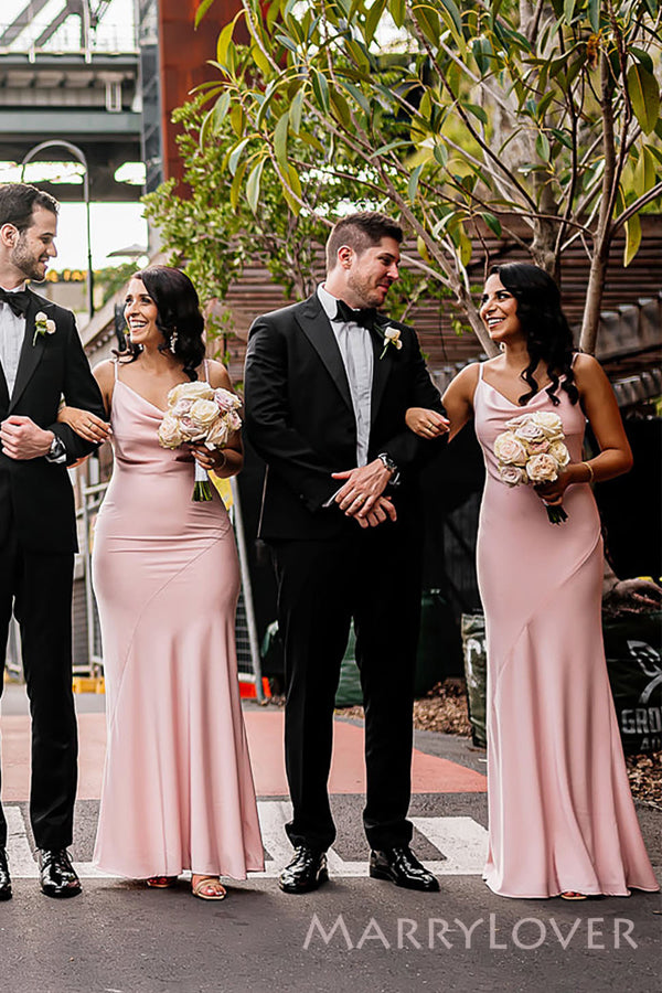 Simple Pink Mermaid Long Custom Cowl-neck Bridesmaid Dresses, MRB0263