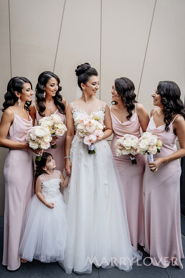 Simple Pink Mermaid Long Custom Cowl-neck Bridesmaid Dresses, MRB0263