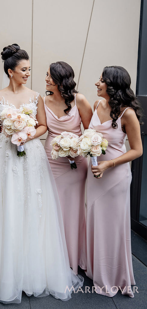 Simple Pink Mermaid Long Custom Cowl-neck Bridesmaid Dresses, MRB0263