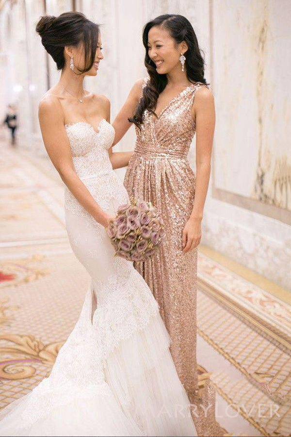 Sparkly V-neck Sequins Long Custom Bridesmaid Dresses, MRB0264