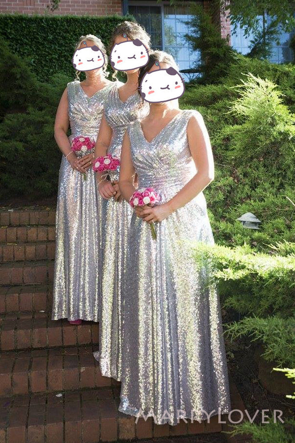 Sparkly V-neck Sequins Long Custom Bridesmaid Dresses, MRB0264