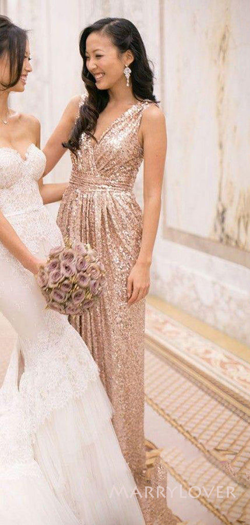 Sparkly V-neck Sequins Long Custom Bridesmaid Dresses, MRB0264