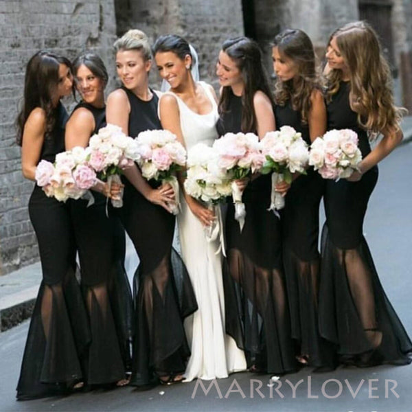 See Through Black Mermaid Long Custom Bridesmaid Dresses, MRB0267