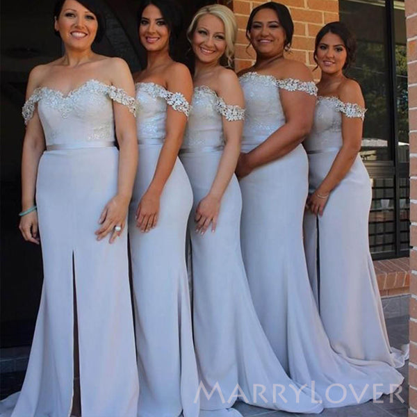 Sweetheart Mermaid Off Shoulder Appliques Long Custom Bridesmaid Dresses, MRB0268