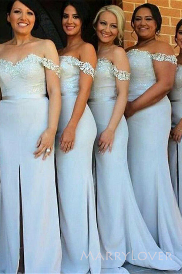 Sweetheart Mermaid Off Shoulder Appliques Long Custom Bridesmaid Dresses, MRB0268