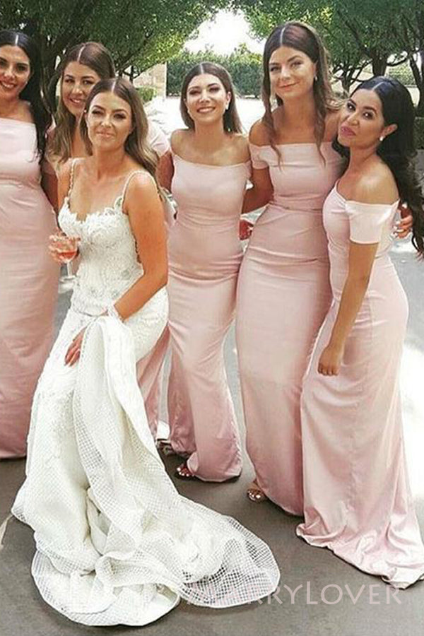 Off Shoulder Pink Mermaid Long Custom Bridesmaid Dresses, MRB0270