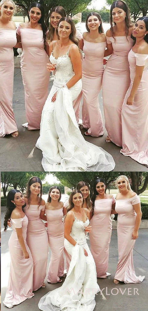 Off Shoulder Pink Mermaid Long Custom Bridesmaid Dresses, MRB0270