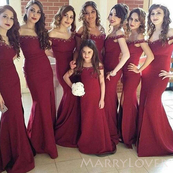 Off Shoulder Dark Red Mermaid Long Cheap Custom Beaded Bridesmaid Dresses, MRB0271