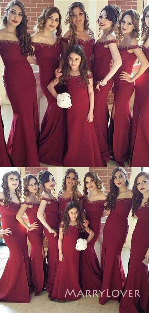 Off Shoulder Dark Red Mermaid Long Cheap Custom Beaded Bridesmaid Dresses, MRB0271