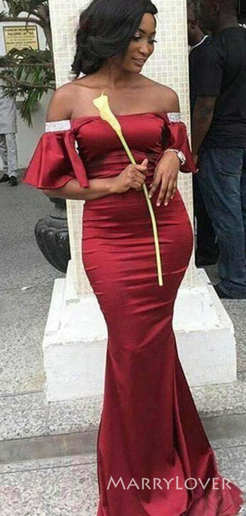 Dark Red Satin Mermaid Long Custom Off Shoulder Bridesmaid Dresses, MRB0272