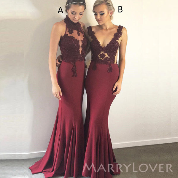 Mismatched Burgundy Mermaid Appliques Long Cheap Custom Bridesmaid Dresses, MRB0273