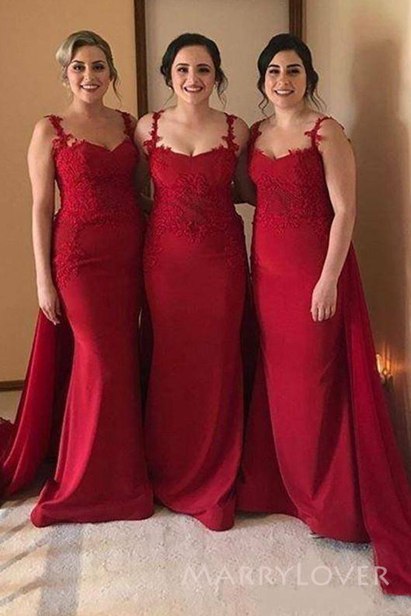 Formal Red Mermaid Straps Long Cheap Custom appliques Bridesmaid Dresses, MRB0274