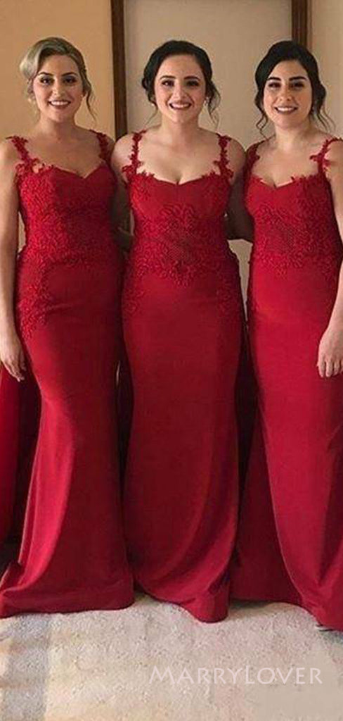 Formal Red Mermaid Straps Long Cheap Custom appliques Bridesmaid Dresses, MRB0274
