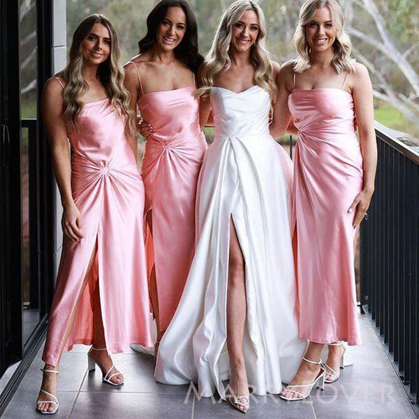 Pink Satin Simple Spaghetti Straps Mermaid Long Cheap Custom Side Slit Bridesmaid Dresses, MRB0276