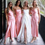 Pink Satin Simple Spaghetti Straps Mermaid Long Cheap Custom Side Slit Bridesmaid Dresses, MRB0276