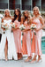 Pink Satin Simple Spaghetti Straps Mermaid Long Cheap Custom Side Slit Bridesmaid Dresses, MRB0276