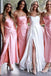 Pink Satin Simple Spaghetti Straps Mermaid Long Cheap Custom Side Slit Bridesmaid Dresses, MRB0276