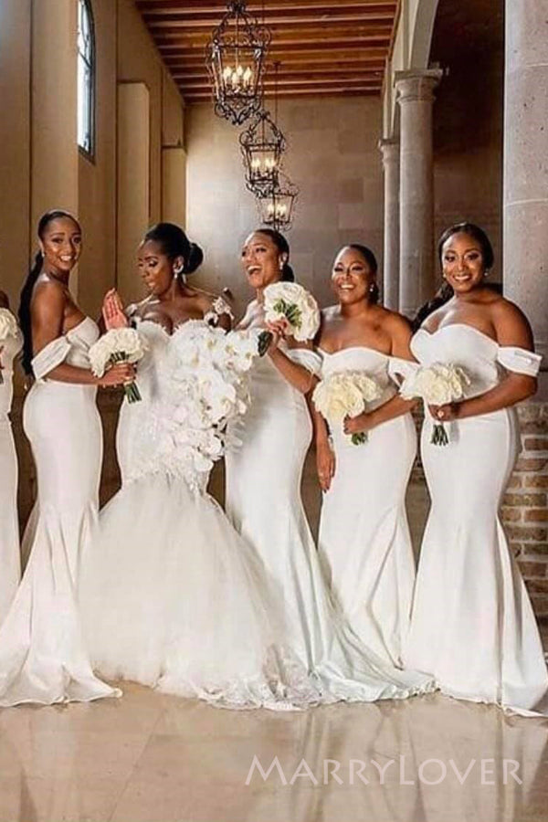 Morden White Off Shoulder Mermaid Long Cheap Custom Bridesmaid Dresses, MRB0278
