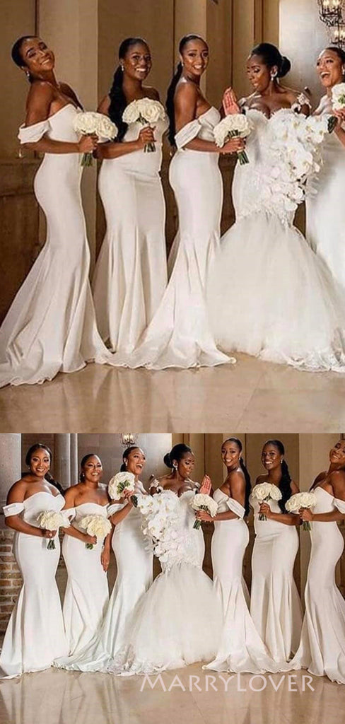 Morden White Off Shoulder Mermaid Long Cheap Custom Bridesmaid Dresses, MRB0278