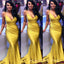 Popular V-neck Gold Satin Mermaid Long Cheap Custom Spaghetti Straps Bridesmaid Dresses, MRB0279