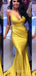 Popular V-neck Gold Satin Mermaid Long Cheap Custom Spaghetti Straps Bridesmaid Dresses, MRB0279