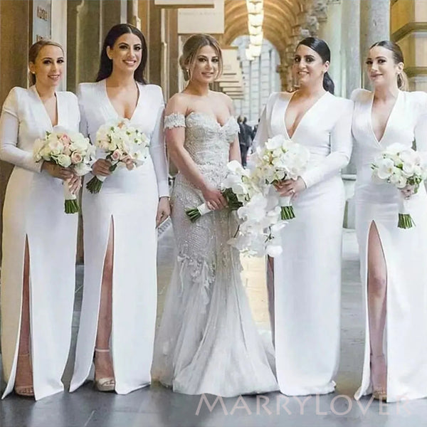 Deep V-neck White Mermaid Long Cheap Custom Long Sleeves Formal Bridesmaid Dresses, MRB0281