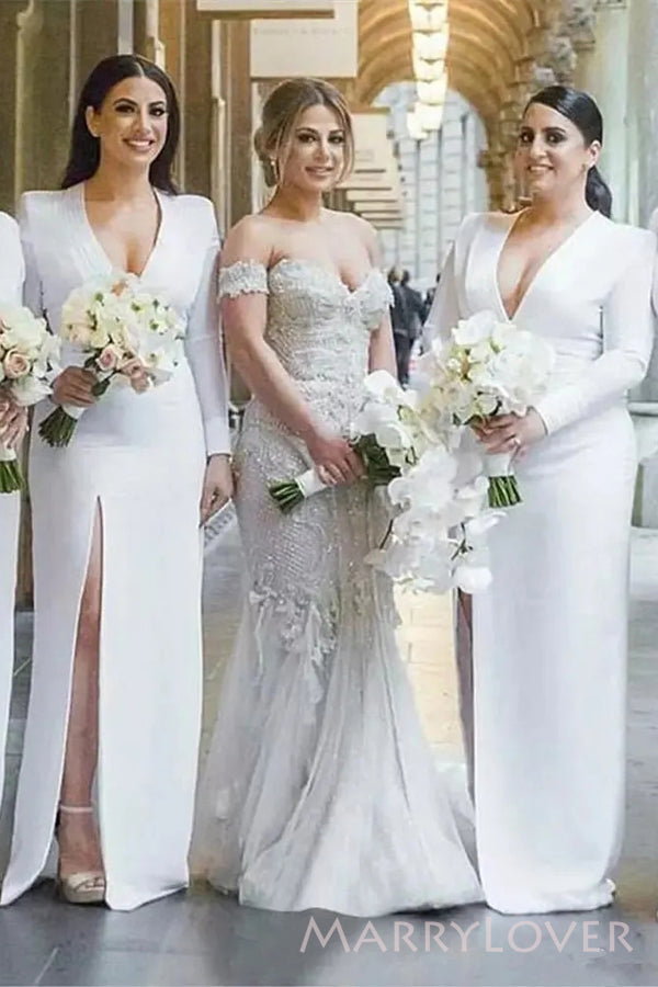 Deep V-neck White Mermaid Long Cheap Custom Long Sleeves Formal Bridesmaid Dresses, MRB0281